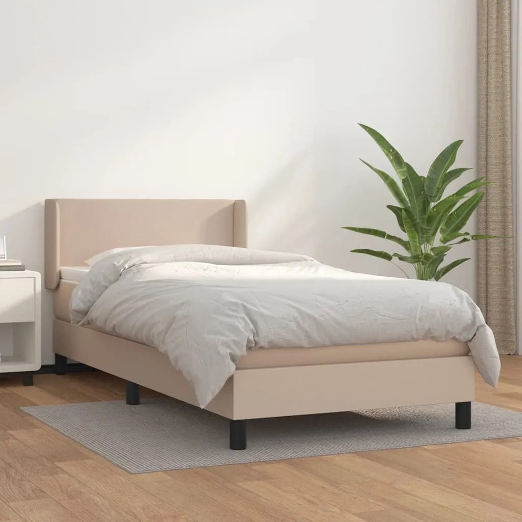 vidaXL Pat box spring cu saltea, cappuccino, 100x200cm piele ecologică
