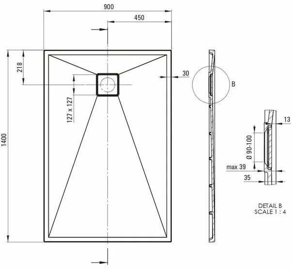 Cadita de dus dreptunghiulara Deante Correo alb 140x90 cm