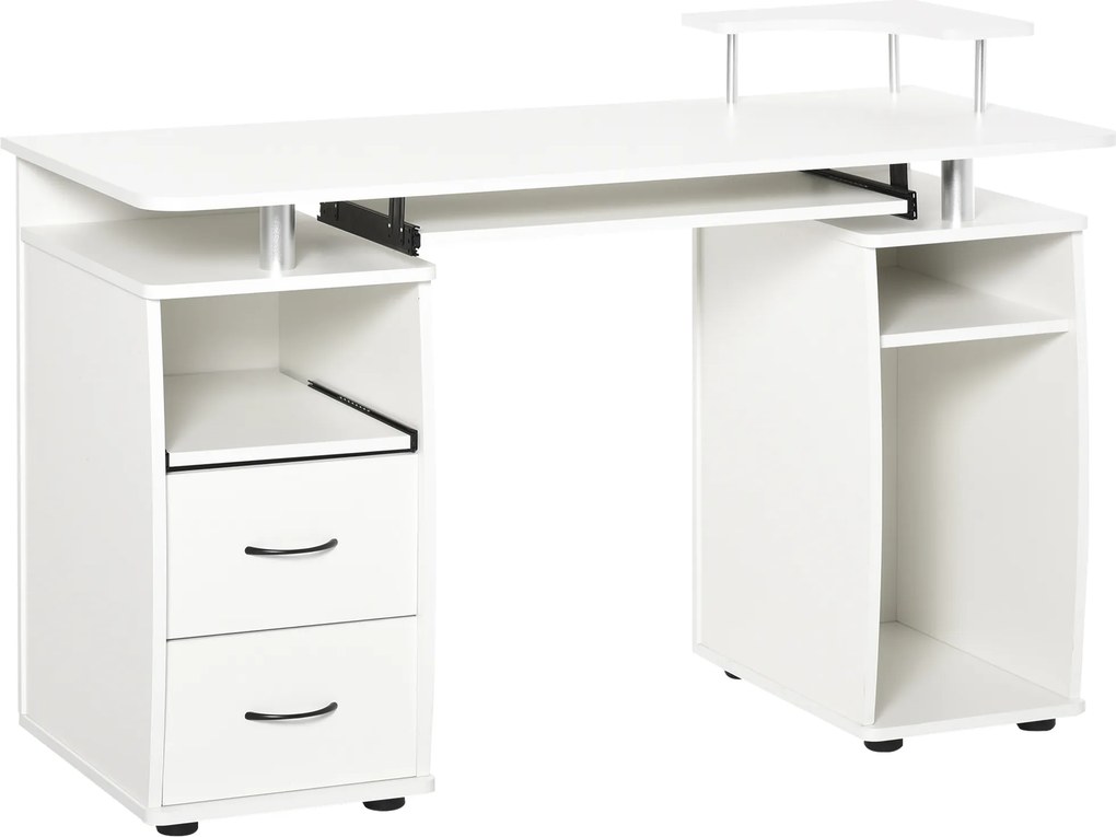 HOMCOM Birou PC din PAL și Oțel Alb cu Tastatură și Raft Monitor, Spațiu Generos de Lucru, 2 Sertare, Design Modern, 120x55x85 cm | Aosom Romania