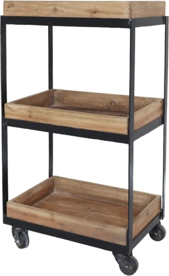 Etajeră pe roți din lemn reciclat și metal, natur și negru, cu 3 rafturi tip tavă, 72 x 39 x 28 cm, „Grimaud”