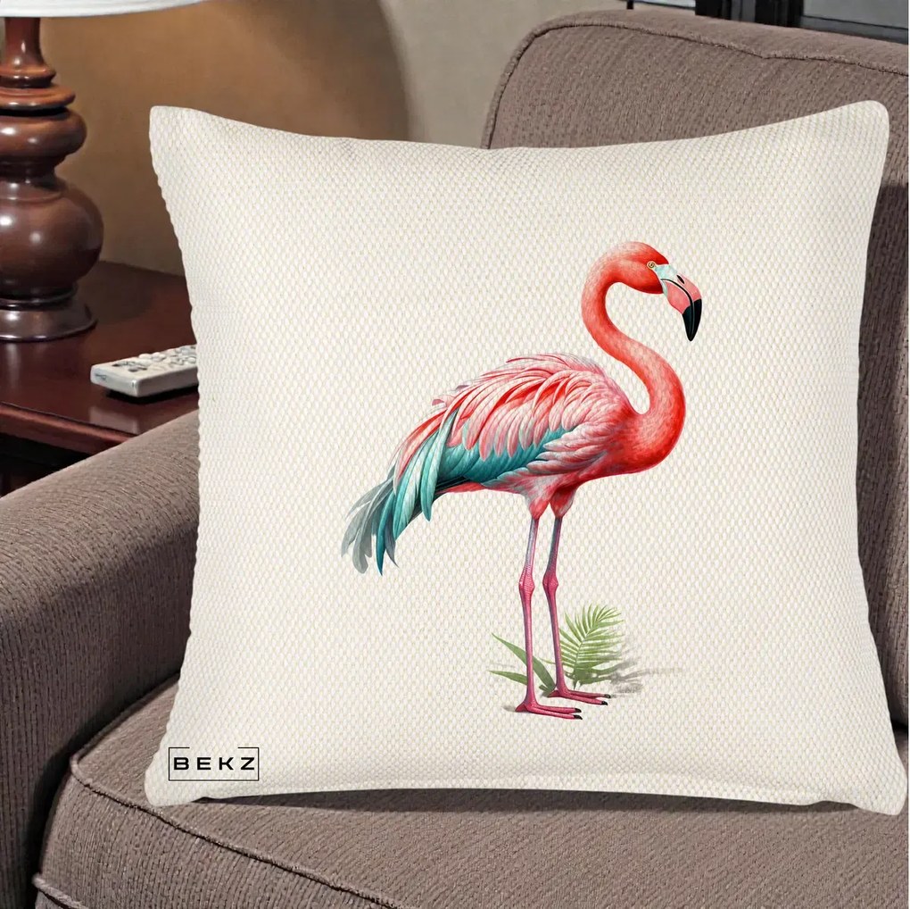 Perna Decorativa Flamingo Roz cu Pene Teal, 40x40 cm, Crem Reliefat, Husa Detasabila, Perna Inclusa, BEKZ®