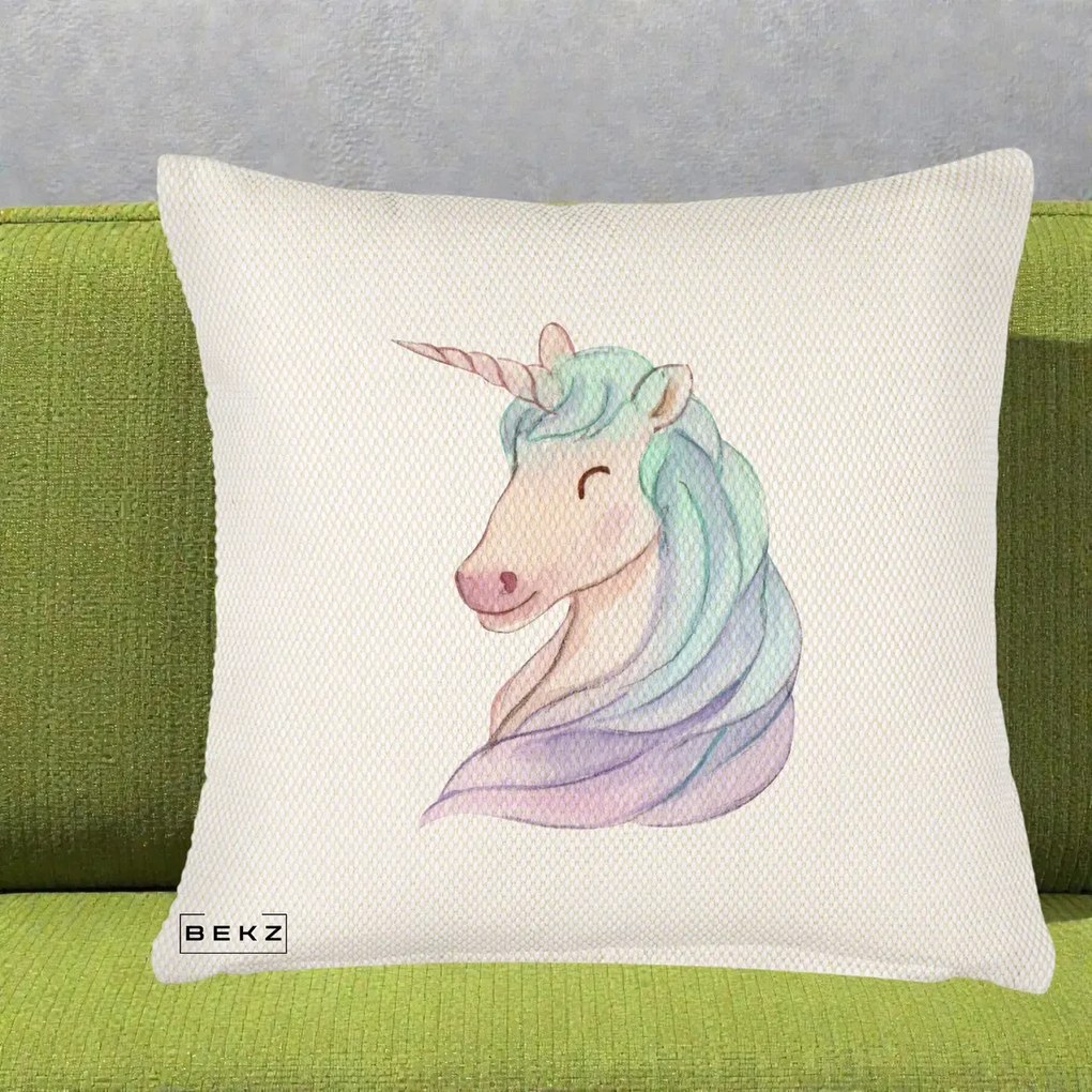 Perna Decorativa Unicorn Acuarela Pastel, 40x40 cm, Crem Reliefat, Husa Detasabila, Perna Inclusa, BEKZ®