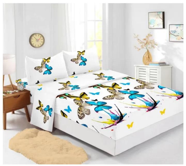 Husa de pat Finet + 2 fete de perna, pentru saltea de 140x200 cm, alb cu fluturi