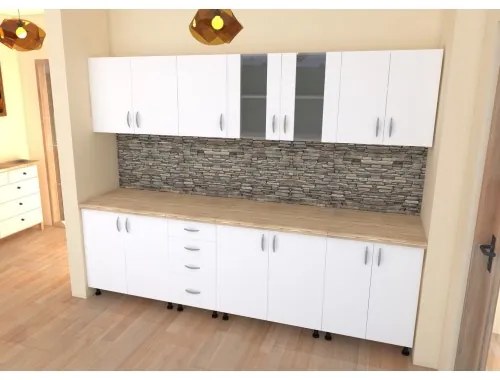 Bucatarie Alfa 2.6 metri PAL alb cu blat Artar