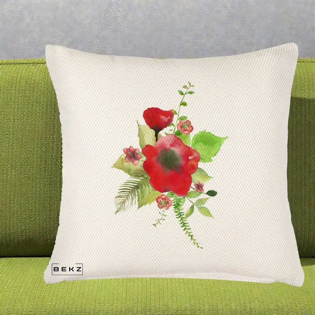 Perna Decorativa Buchet Rosu Acuarela, 40x40 cm, Crem Reliefat, Husa Detasabila, Perna Inclusa, BEKZ®
