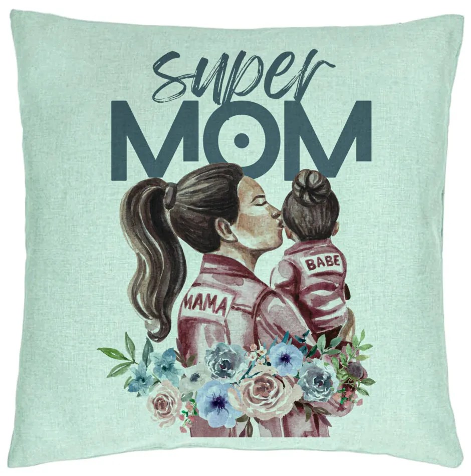 Perna Decorativa, Model Super MOM Babe, 40x40 cm, Verde Menta, Husa Detasabila, Burduf