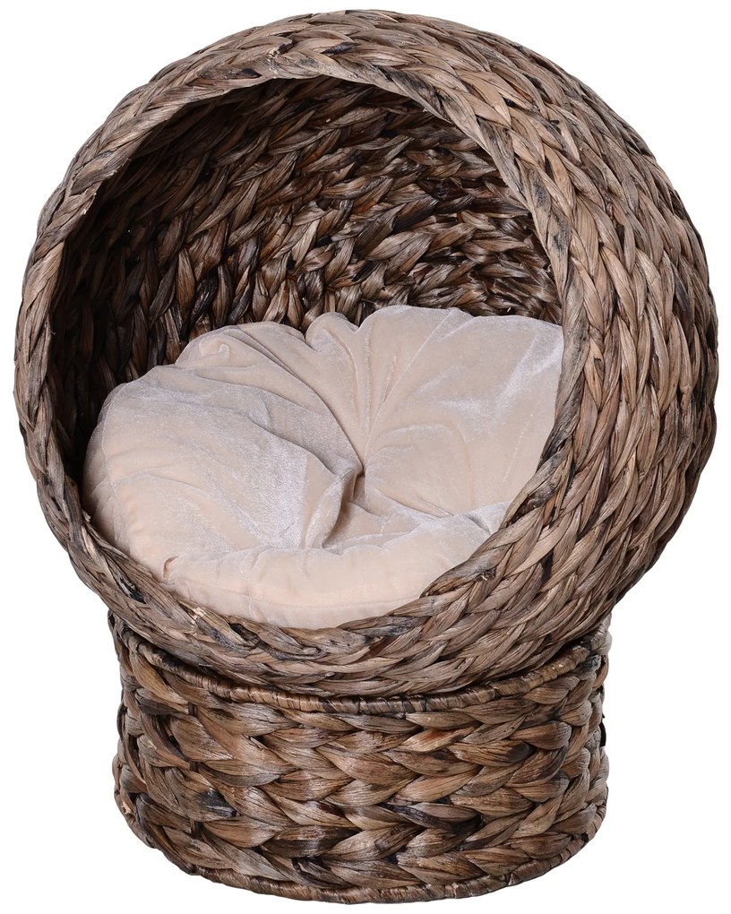 PawHut Coș pentru Pisici din Trestie de Mare cu Pernă, Pat pentru Pisică, Pat pentru Animale de Companie, 50 cm x 42 cm x 60 cm, Maro + Bej | Aosom Romania