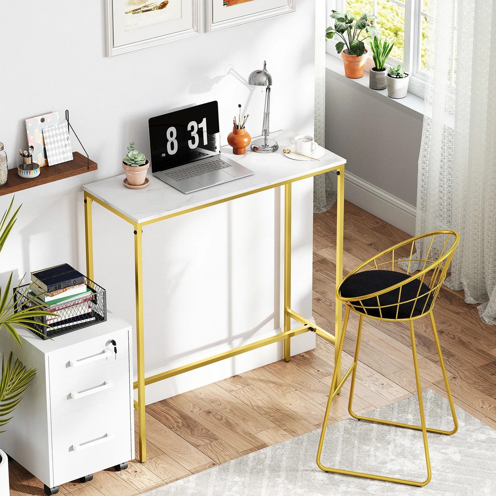 HOMCOM Masă de bar rectangulară cu blat cu aspect de marmură și cadru din oțel, 100 x 40 x 107 cm, aurie | Aosom Romania