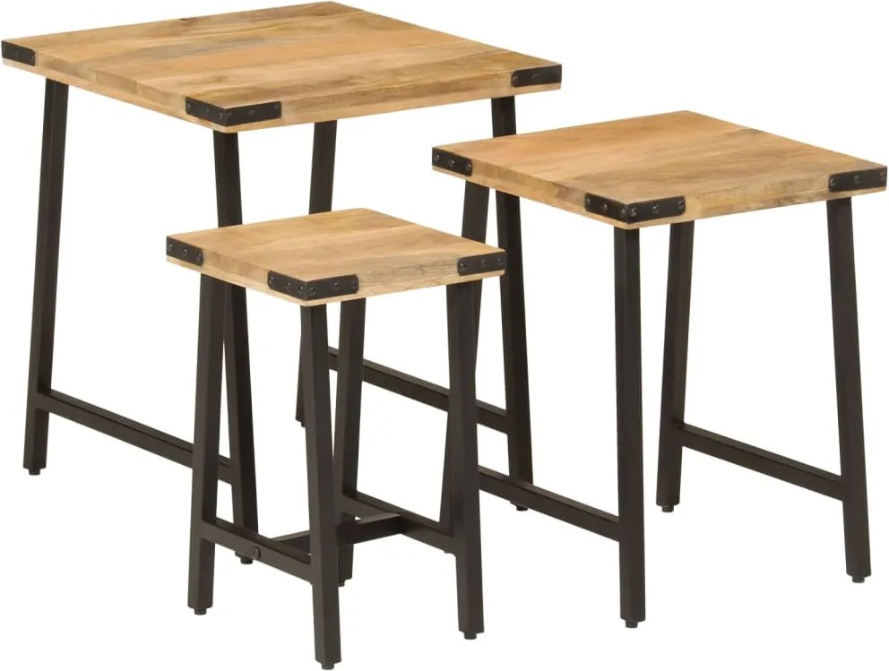 vidaXL Măsuțe de cafea suprapuse, 3 buc., lemn masiv de mango/fier