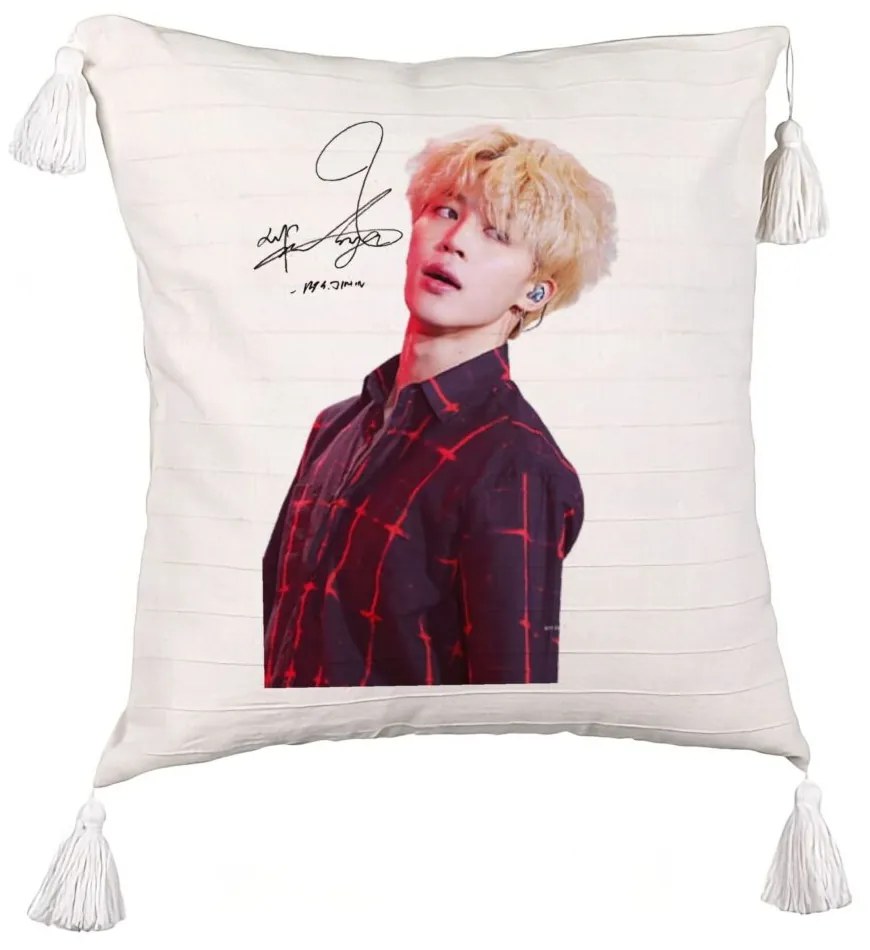 Perna Decorativa cu Franjuri BTS Jimin 2, 45x45 cm, Ecru, Cu fermoar