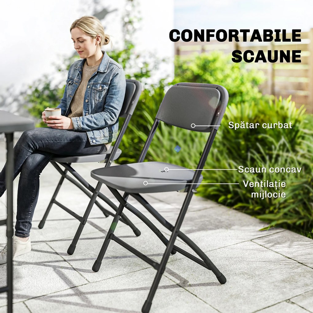 Outsunny Set Masă și Scaune Pliabile de Grădină, 5 Piese, Masă Reglabilă cu Blat HDPE Efect Lemn și 4 Scaune, Set Mobilier Exterior pentru Terasă și Balcon, Gri Închis | Aosom Romania