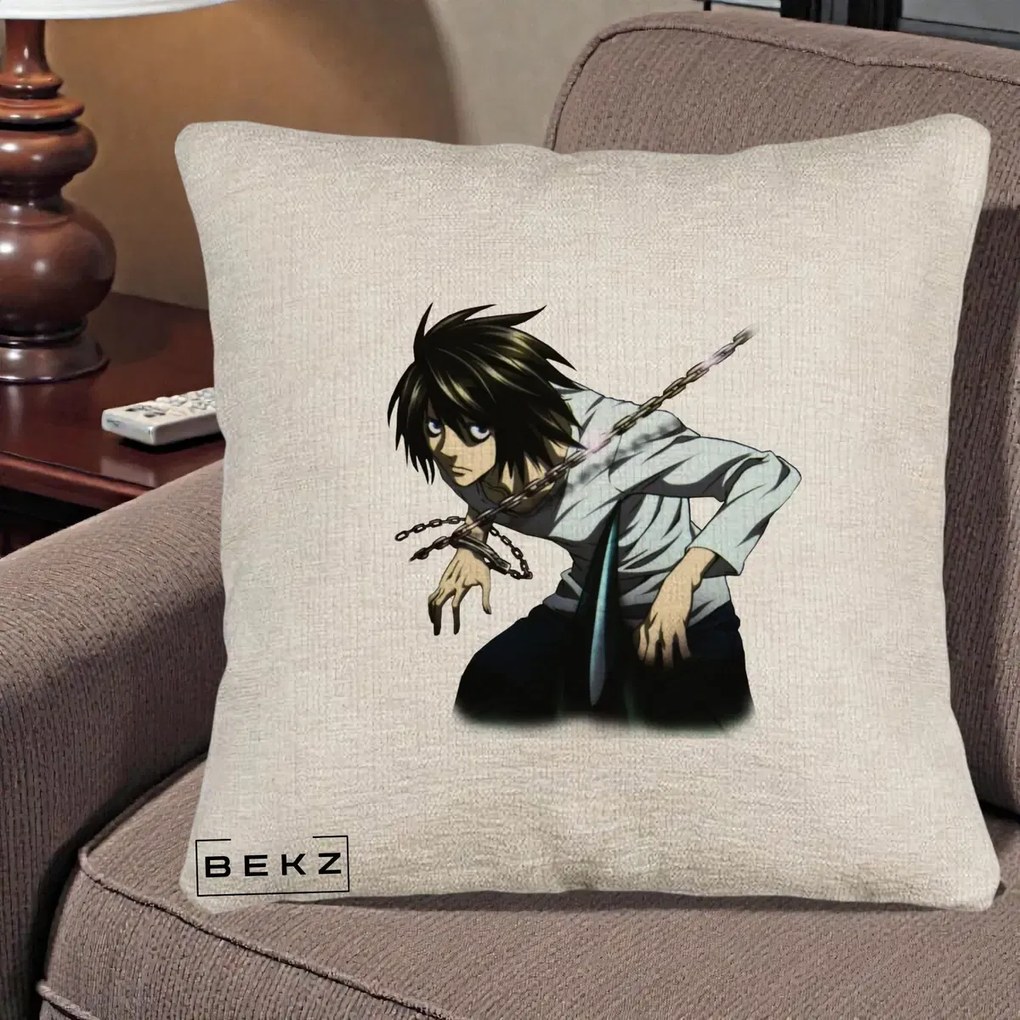 Perna Personalizata Death Note L Lawliet Lanturi, 40x40 cm, Bej Canapea, Husa Detasabila, Perna Inclusa, BEKZ®