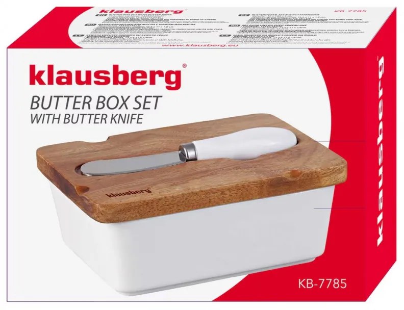 Cutie ceramica si cutit pentru unt Klausberg KB 7785, Capac lemn de salcam, Otel inoxidabil, Alb/Maro