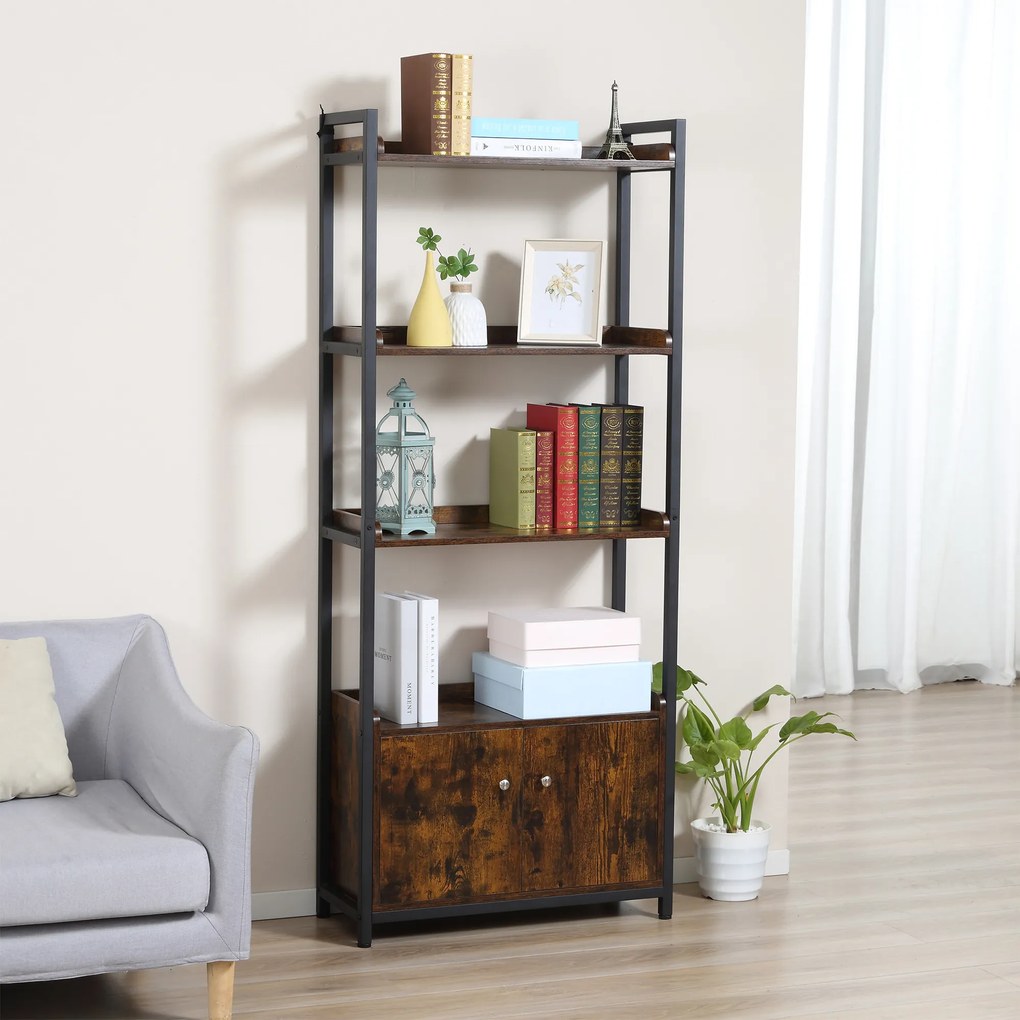 Biblioteca cu 4 rafturi si un dulap cu 2 compartimente, cu 2 usi, stil industrial, maro 75x30x180cm HOMCOM | Aosom Romania