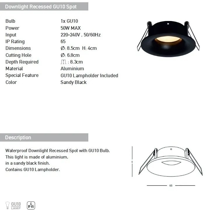 Spot incastrabil pentru baie IP65 Astrid GU10 negru