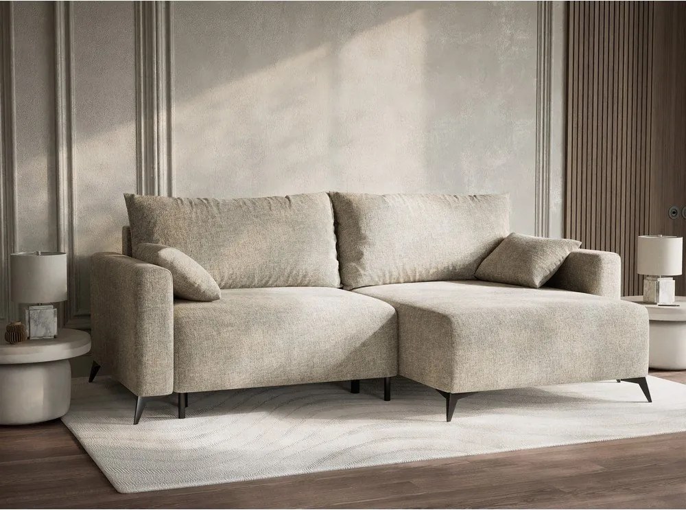 Colțar bej extensibil/cu spațiu de depozitare cu tapițerie din chenille (cu colț pe partea dreaptă/cu șezlong) Leon – Maison de Rêve