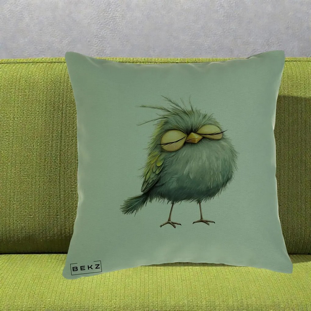 Perna Decorativa Pasare Teal Adormita cu Ochi Galbeni, 40x40 cm, Verde, Husa Detasabila, Perna Inclusa, BEKZ®