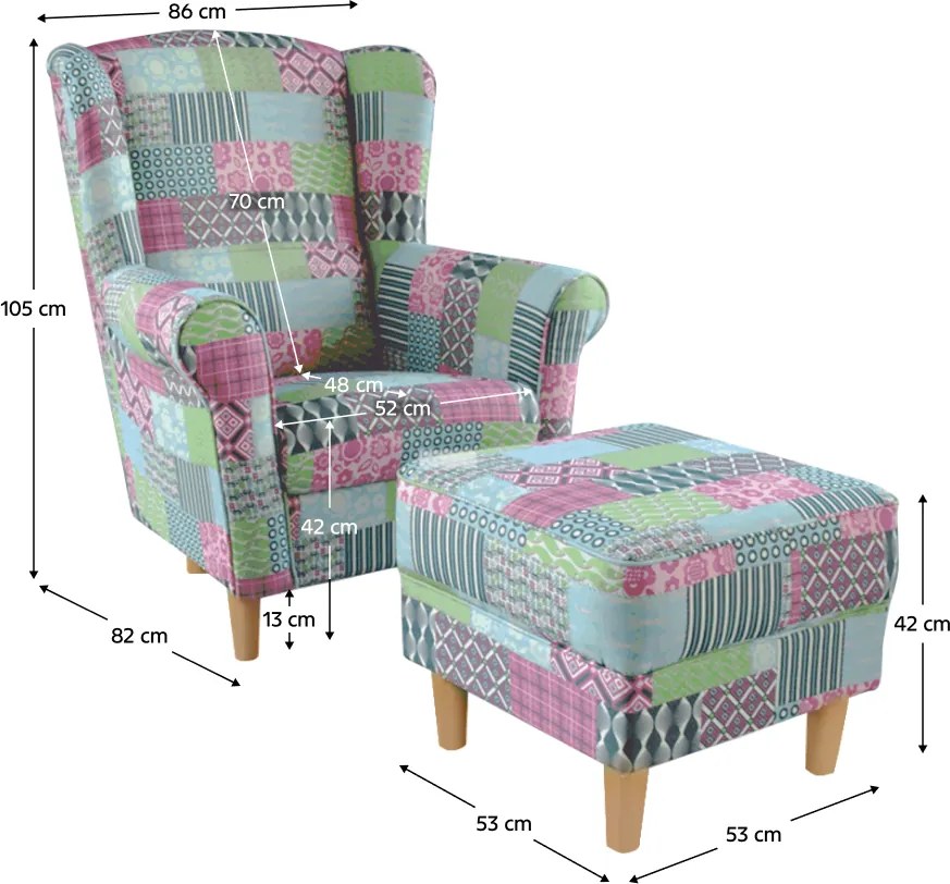 Fotoliu cu taburet, material textil în stilul patchwork M1, ASTRID