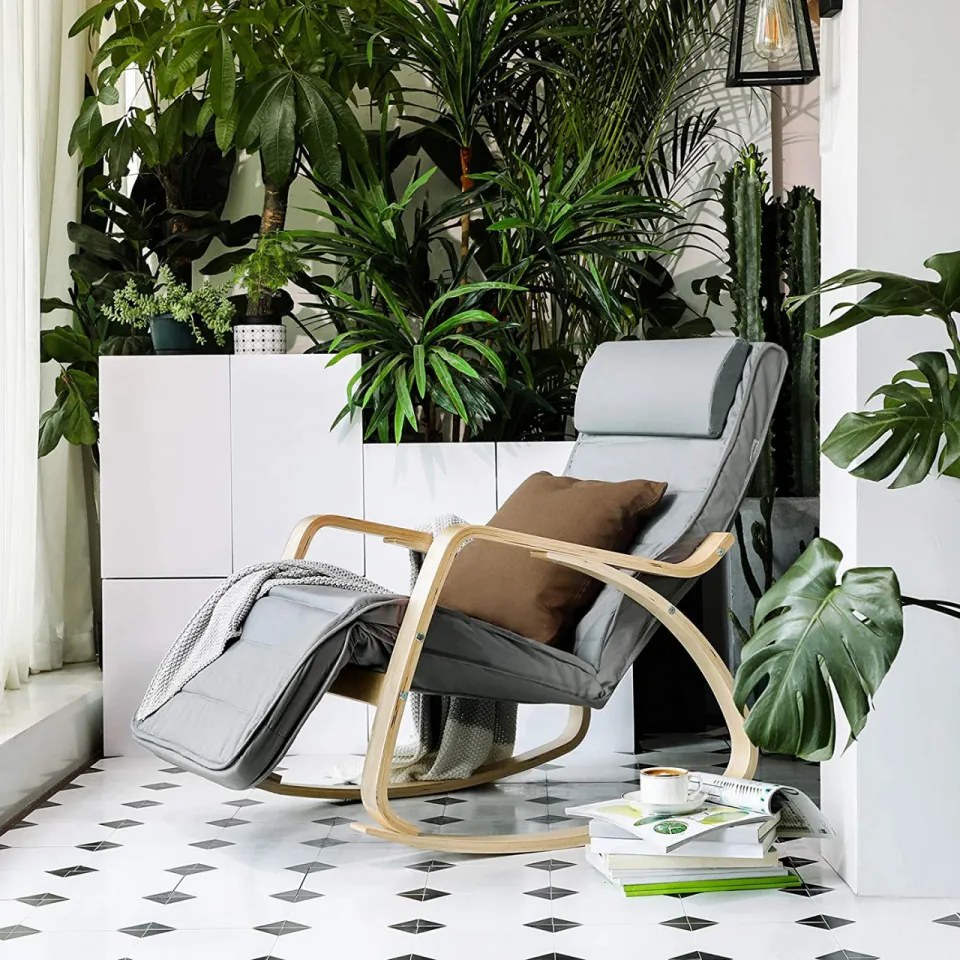 Fotoliu balansoar, lemn de mesteacan / textil, gri inchis, Songmics