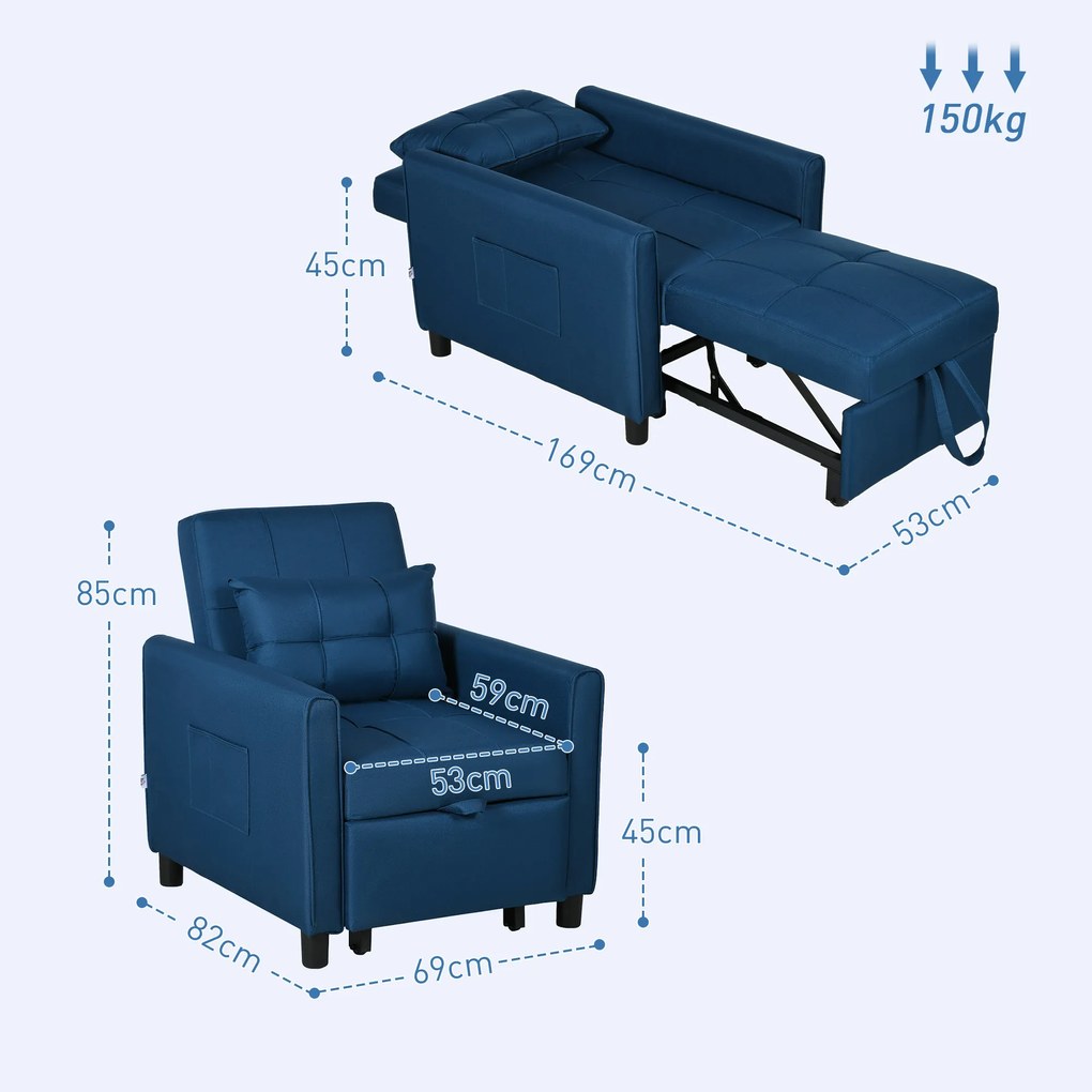 HOMCOM Fotoliu Pat Individual cu Spătar Reglabil pe 3 Nivele, 2 Roți și Pernă din Țesătură, 69x82x85 cm, Albastru | Aosom Romania