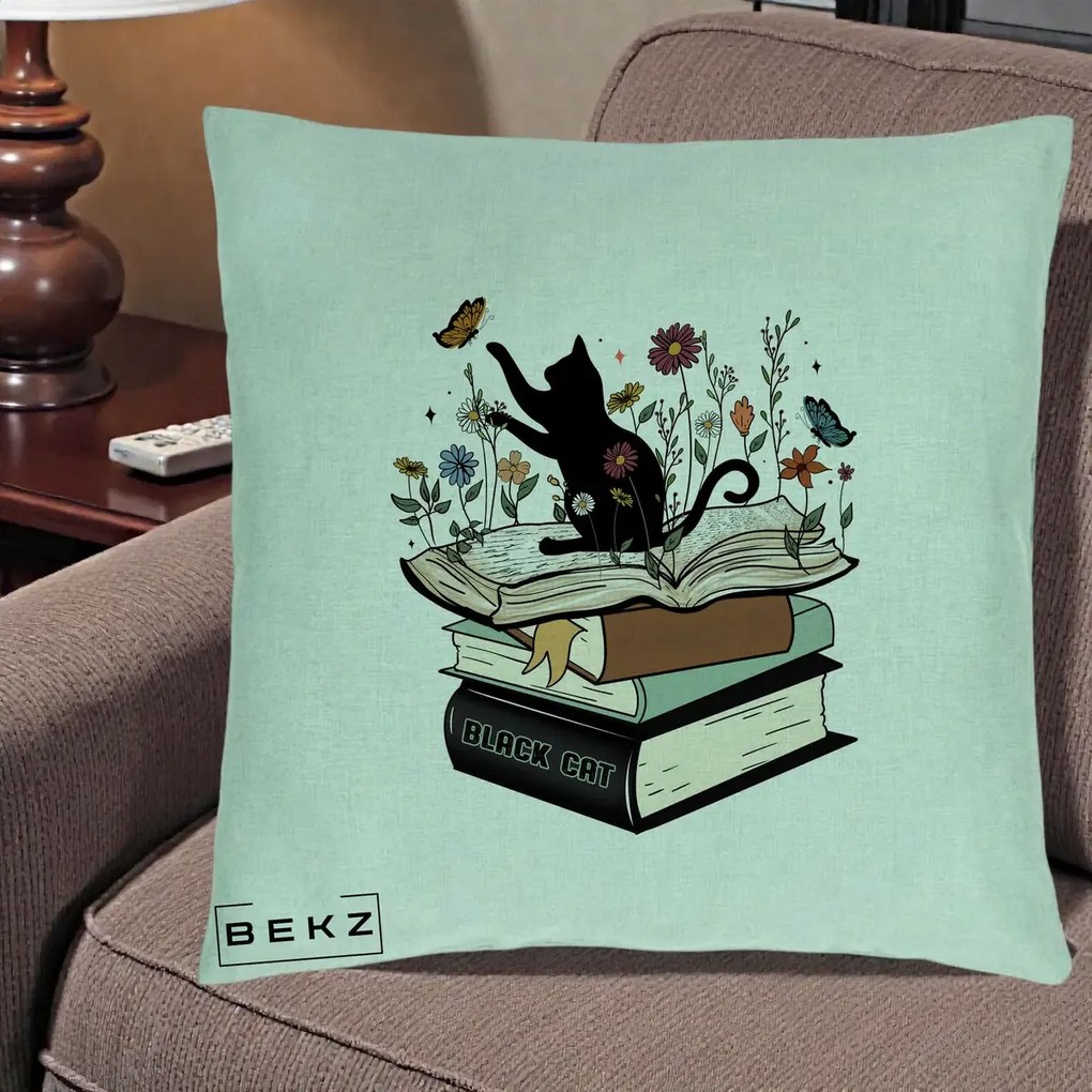 Perna Personalizata Pisica Neagra Carti Flori Fluturi, 40x40 cm, Verde Menta, Husa Detasabila, Perna Inclusa, BEKZ®