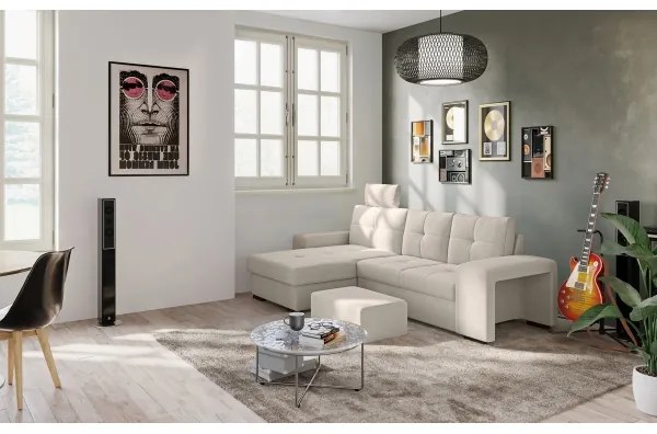 Canapea extensibilă PALERMO, gri deschis, cu spațiu de depozitare și taburet, stânga