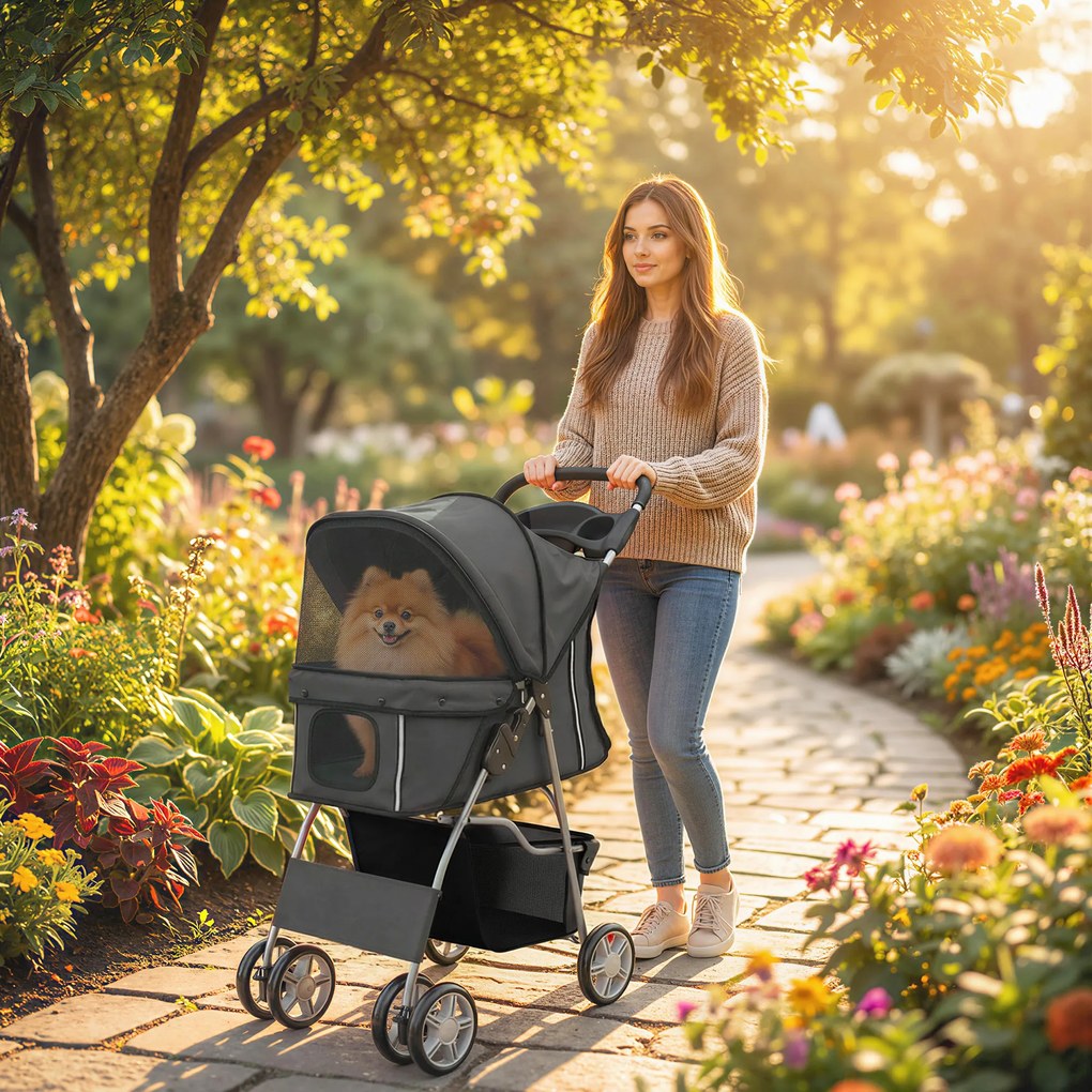 PawHut Cărucior pliabil pentru câini, cărucior cu bandă reflectorizantă, coș de depozitare, pernă pentru câini mici până la 10 kg 77x44x102 cm gri închis | Aosom Romania