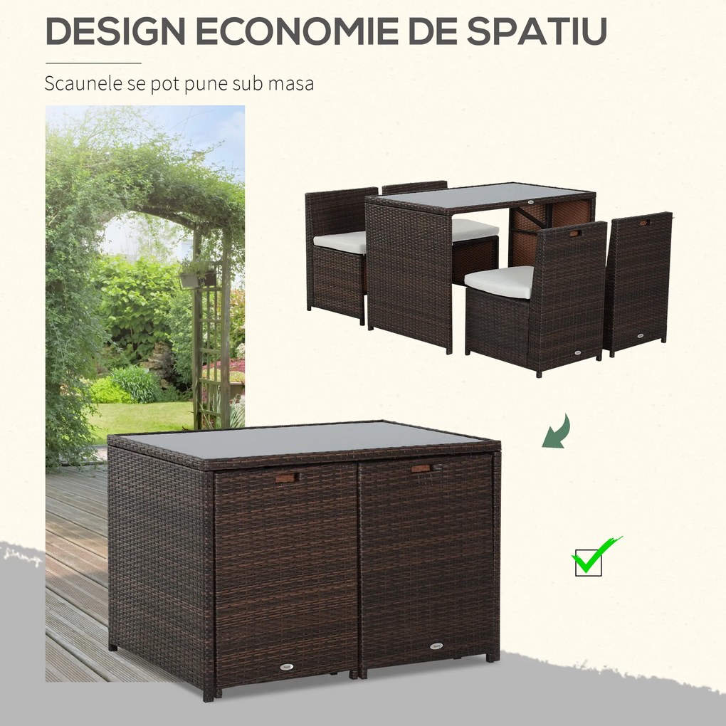 Outsunny Set Mobilier Grădină Ratan 5 Piese, Masă Prânz, 4 Scaune Terasă, Perne Incluse, Maro | Aosom Romania