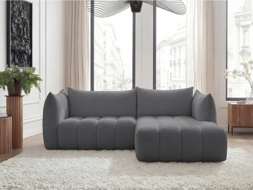 Colțar gri cu tapițerie din țesătură bouclé (cu colț pe partea dreaptă/cu șezlong) Azra – Bobochic Paris