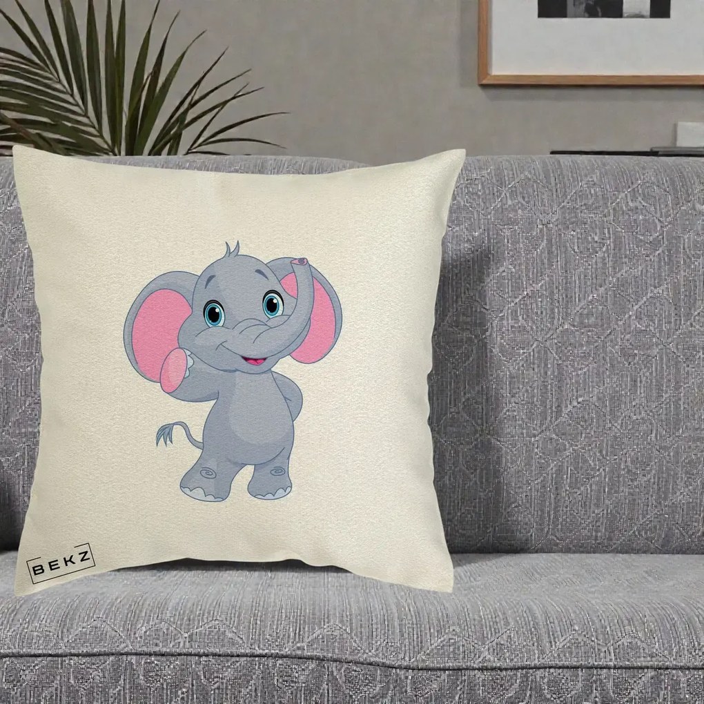 Perna Decorativa Pui de Elefant Kawaii, 40x40 cm, Ecru, Husa Detasabila, Perna Inclusa, BEKZ®