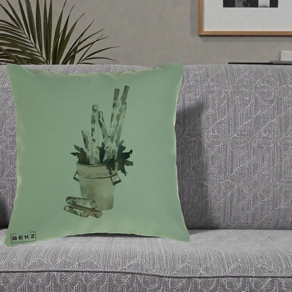 Perna Decorativa Butuci de Mesteacan Watercolor, 40x40 cm, Verde, Husa Detasabila, Perna Inclusa, BEKZ®