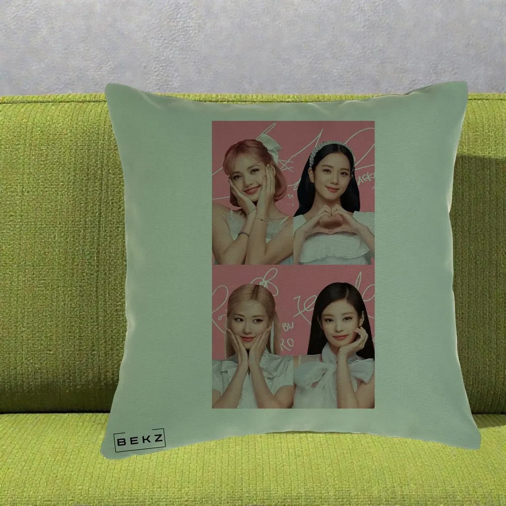Perna Personalizata K-pop BLACKPINK Colaj Roz, 40x40 cm, Verde, Husa Detasabila, Perna Inclusa, BEKZ®