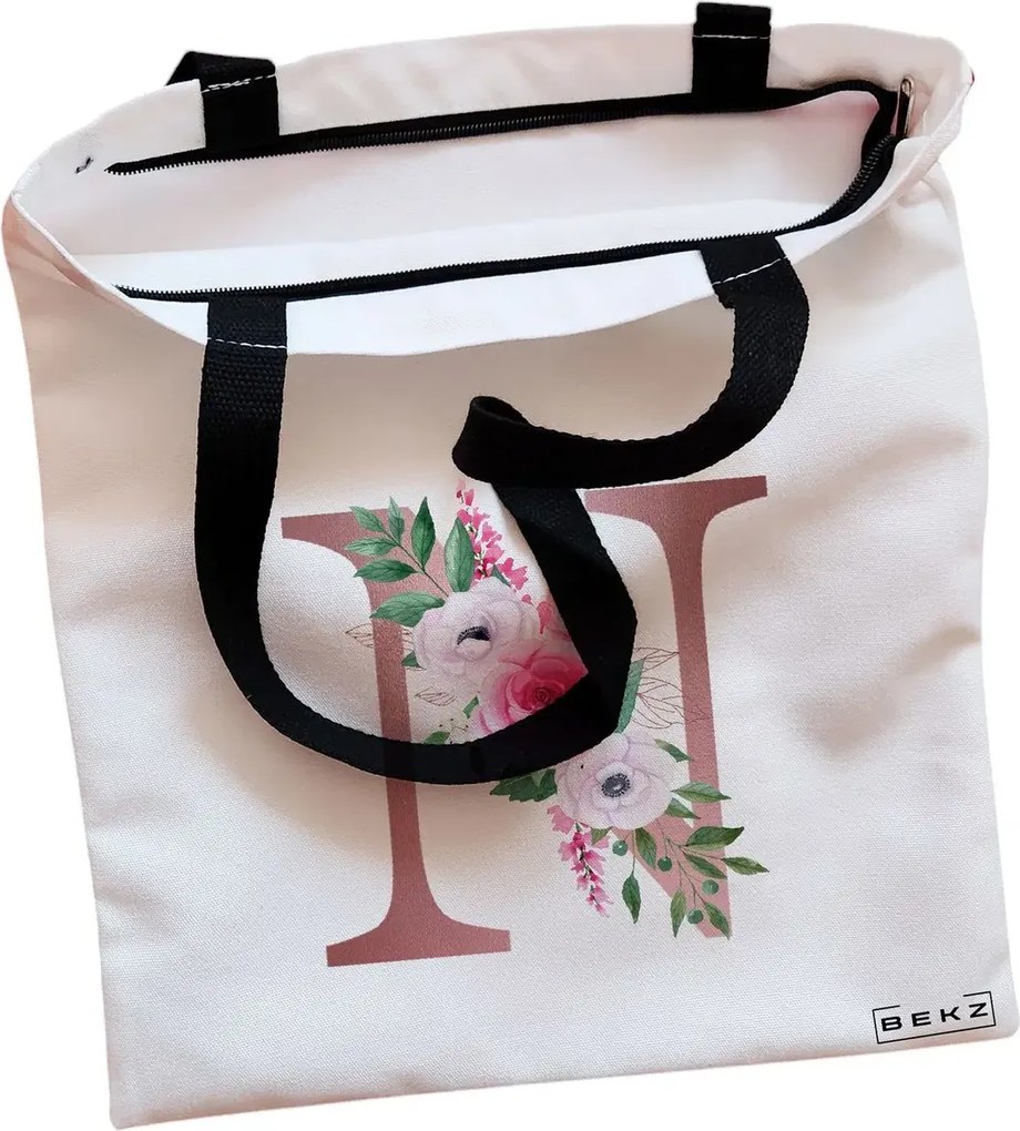 Sacosa de Panza pentru Cumparaturi, Geanta Tote, Cu litera N Rose Gold si Trandafiri, Cu fermoar, 38x34.5 cm, Alba, BEKZ®