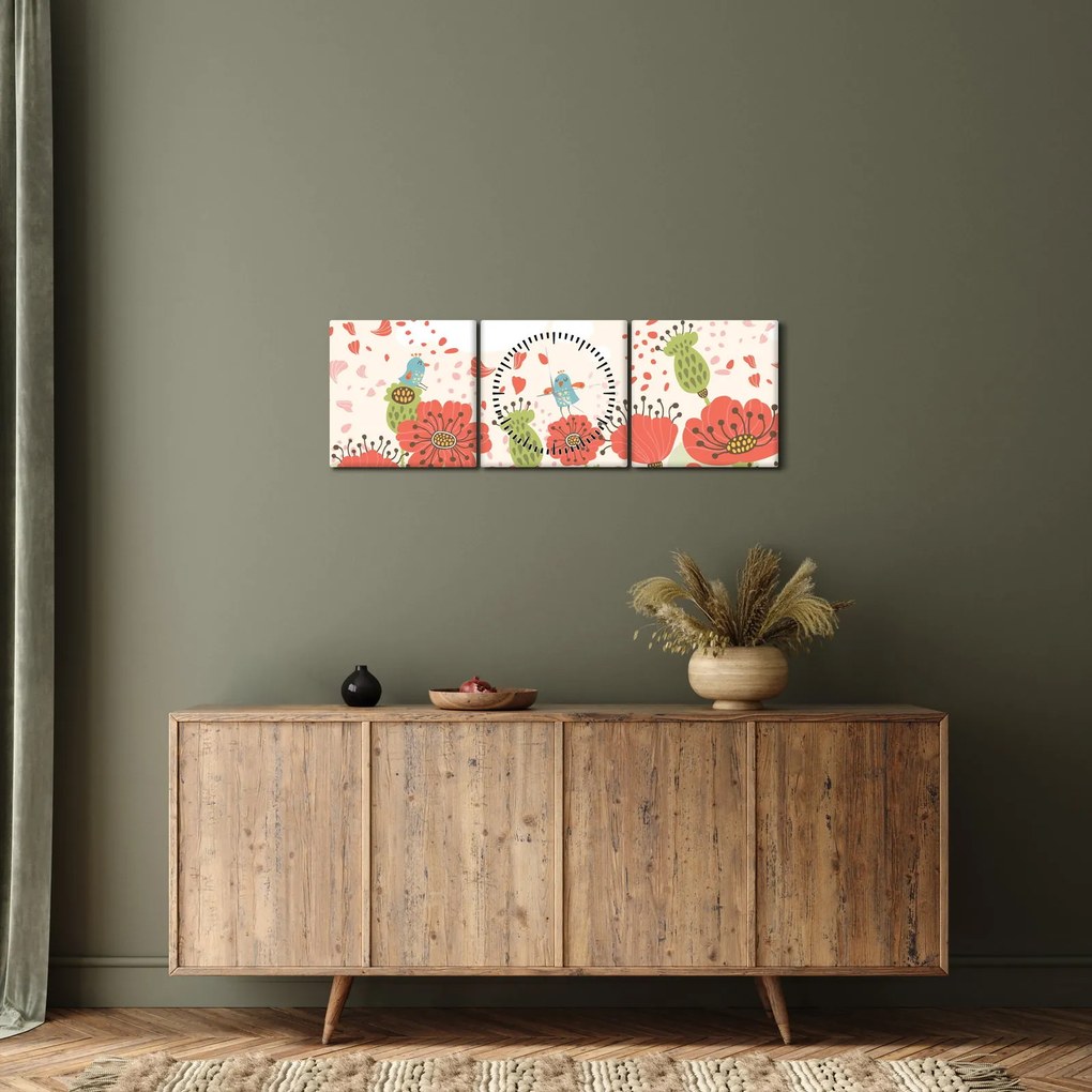 Tablou - Păsări pe o pajiște înflorită (cu ceas) (90x30 cm)