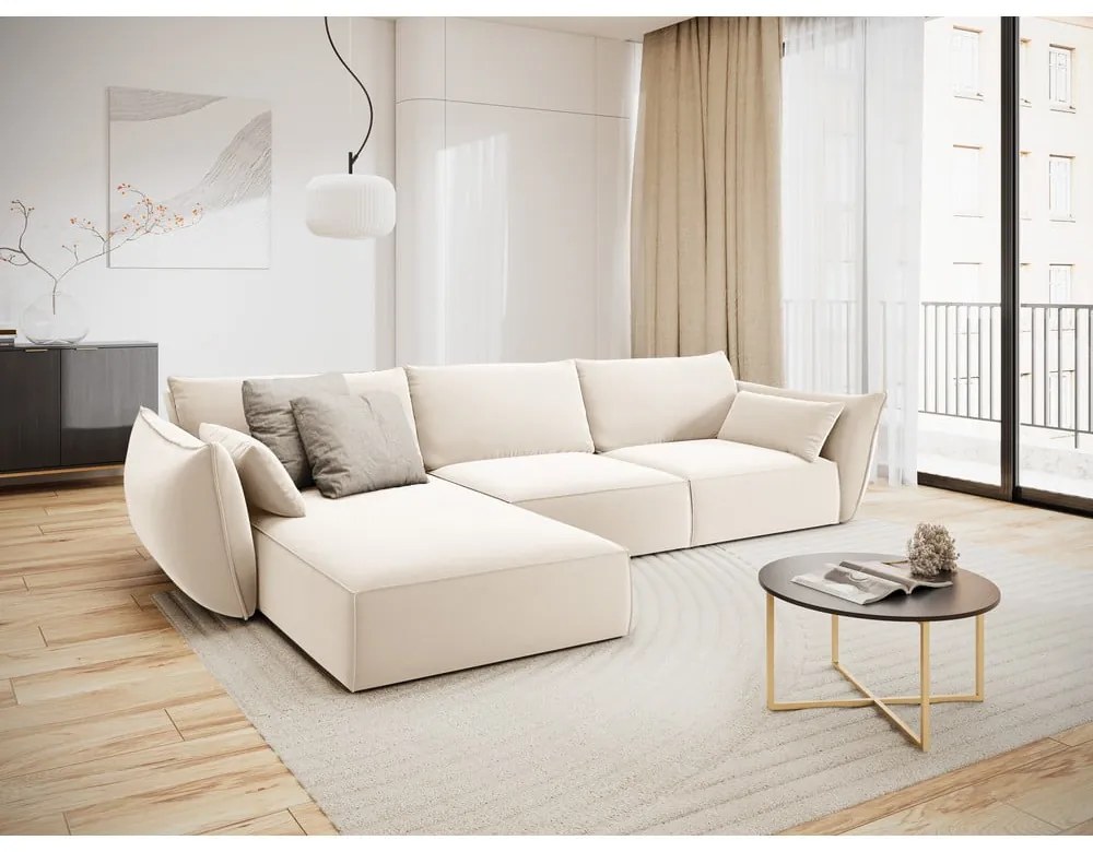 Colțar bej cu tapițerie din catifea (cu colț pe partea stângă, cu șezlong) Vanda – Mazzini Sofas