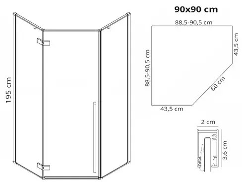 Cabina dus cu cadita pentagonala Rea Diamond cu usa batanta 90x90 negru