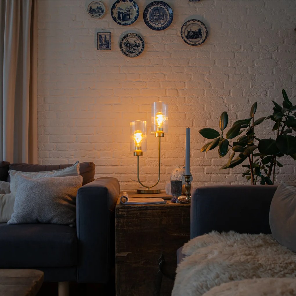 Lampă de masă Art Deco aurie cu sticlă cu 2 lumini - Laura