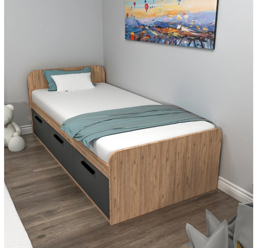 Pat de o persoană 90 cm Pelavi 1 (pin atlantic + antracit) (cu somieră). 1094838