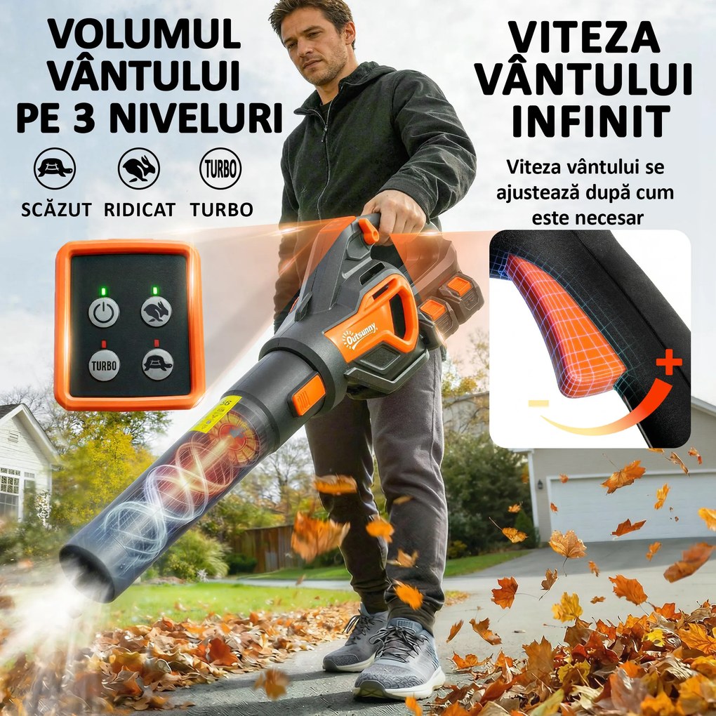 Outsunny Suflător de Frunze cu Baterie 20V, Motor Brushless 900W, 3 Niveluri de Viteză, Turbo Boost, Încărcător, Ușor, pentru Grădină, Frunze, Zăpadă, Praf | Aosom Romania