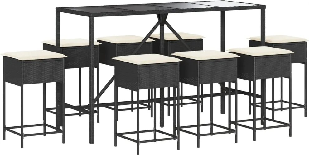 vidaXL Set mobilier bar de grădină cu perne, 9 piese, negru, poliratan