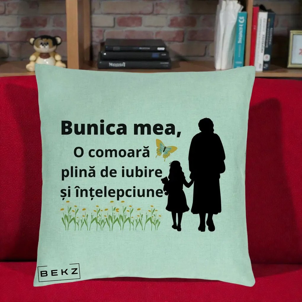Cadou pentru Bunica - Perna Personalizata Bunica Mea Comoara Iubire Intelepciune Varianta Extinsa, 40x40 cm, Verde Menta, Husa Detasabila, Perna Inclusa, BEKZ®