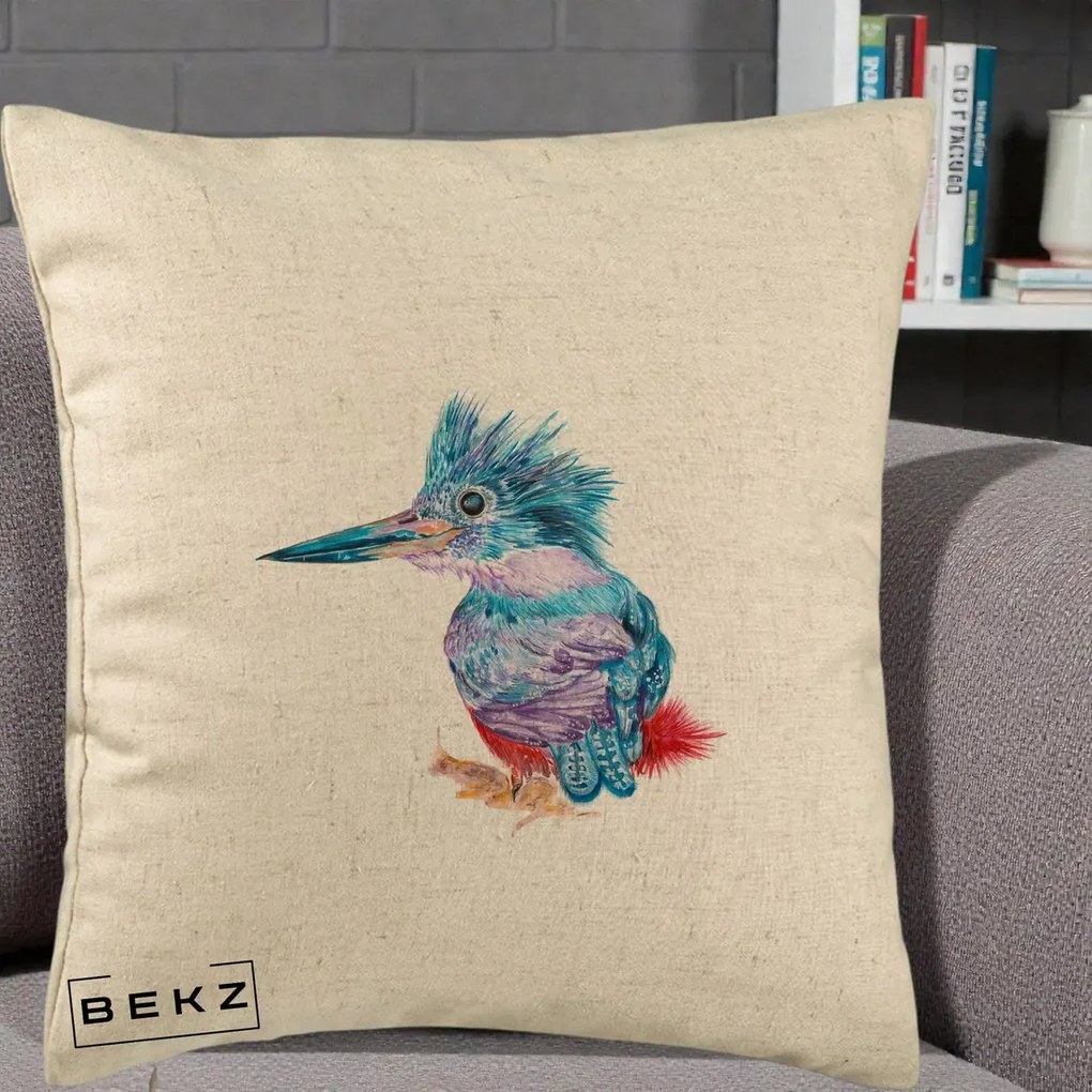 Perna Decorativa Pasare Martin Pescar Acuarela Albastru-Mov, 40x40 cm, Bej, Husa Detasabila, Perna Inclusa, BEKZ®