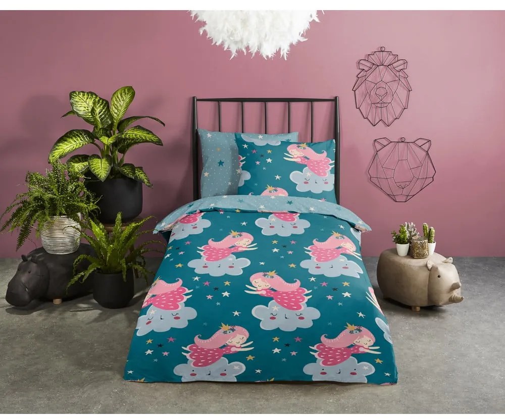 Lenjerie de pat pentru copii petrol din bumbac pentru pătuț 120x150 cm Princesse – Good Morning