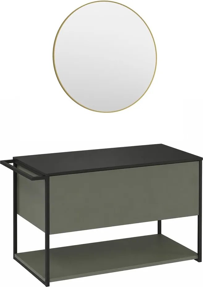 Set dulap baza suspendat Krofam Lov verde-negru 80 cm blat negru si oglinda cu rama aurie