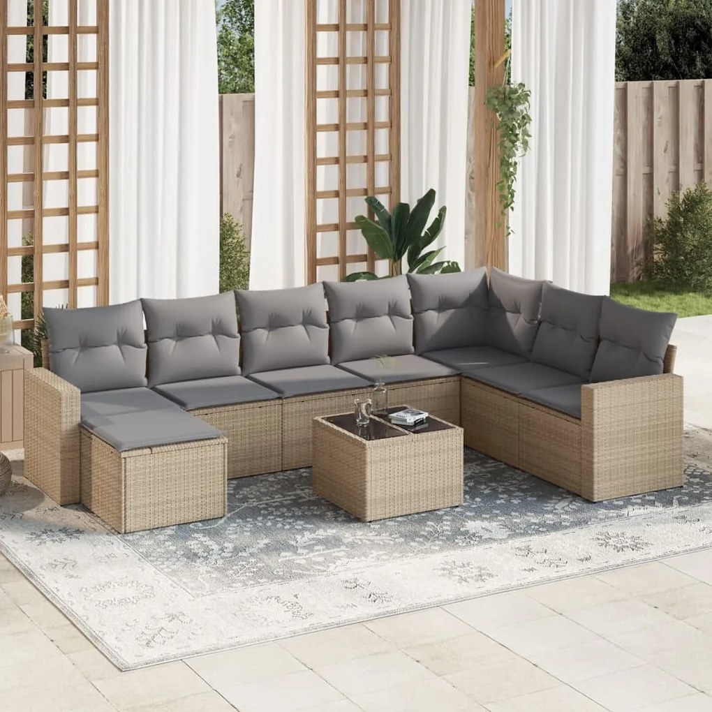 vidaXL Set canapele de grădină, 9 piese, cu perne, bej, poliratan