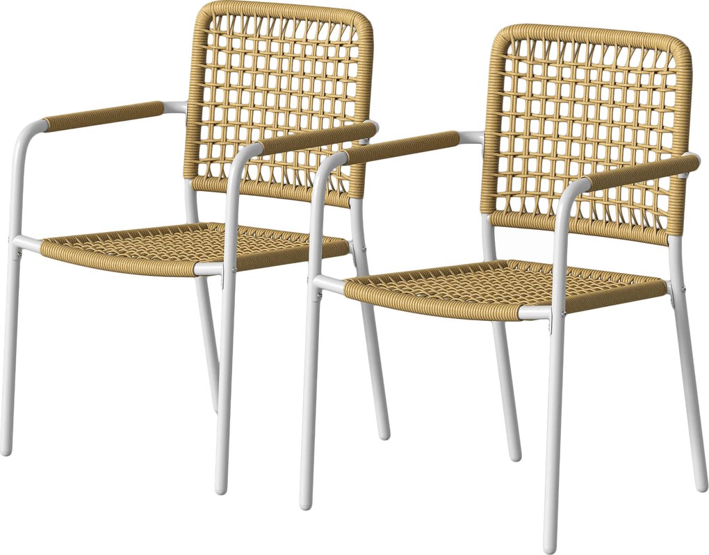 Outsunny Set de 2 scaune de grădină stivuibile din rășină împletită cu cotiere și spătar, 55x57x82cm, galben | Aosom Romania