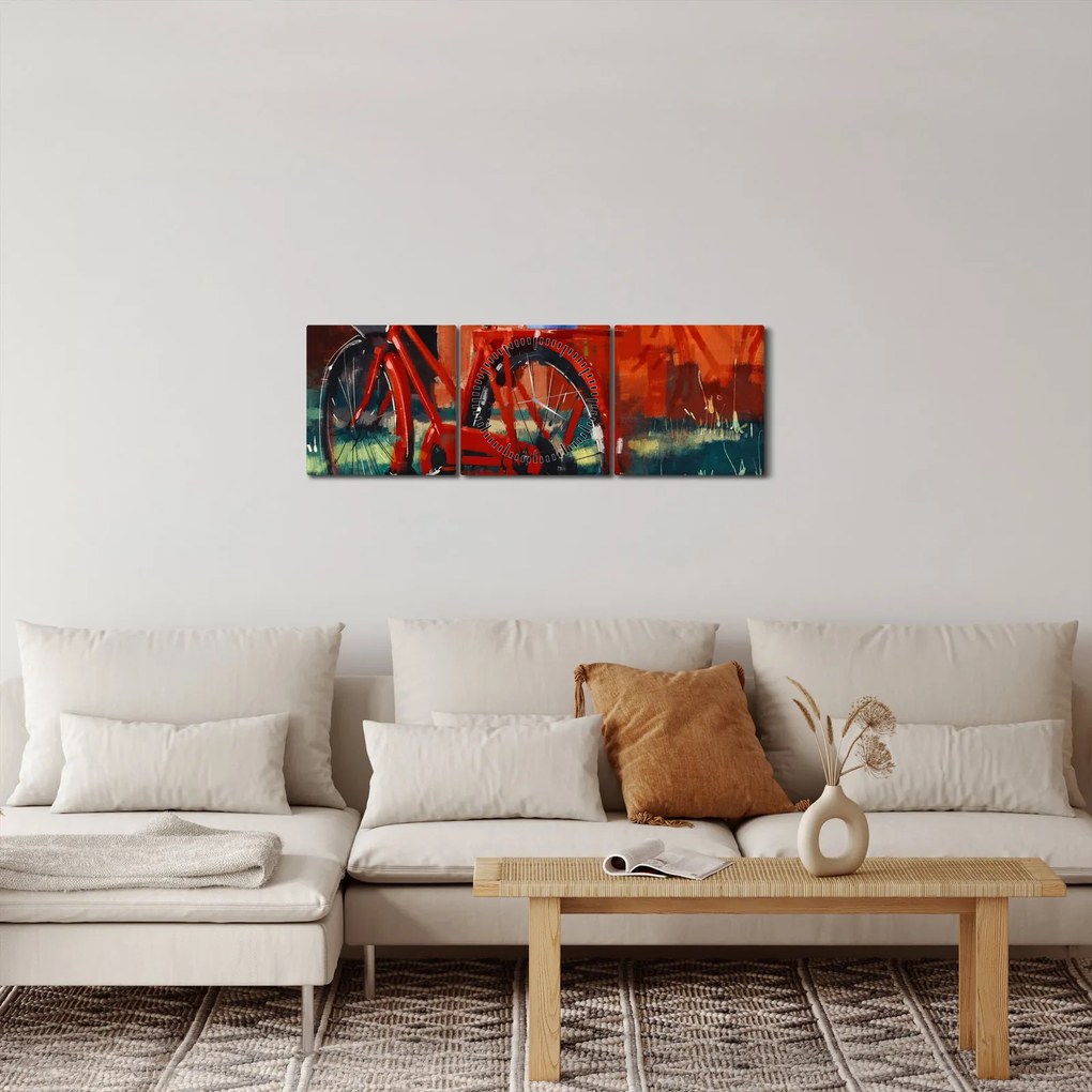 Tablou - Bicicleta roșie, pictură acrilică (cu ceas) (90x30 cm)