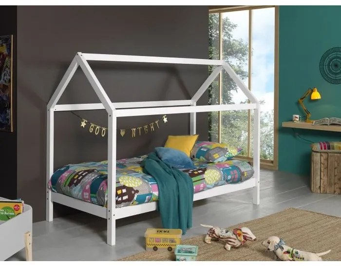 Pat în formă de Căsuță, Alb, 90 x 200 cm, Pin Masiv – Dallas – Vipack