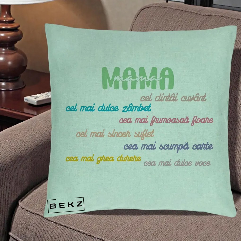 Perna personalizata mama: Mama, cel dintai cuvant, text colorat, 40x40 cm cu Umplutura, Verde Menta, BEKZ