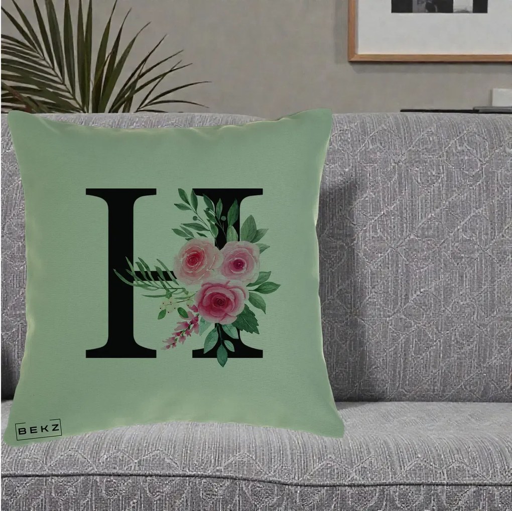 Cadou Personalizat - Perna Personalizata Monograma Florala Litera H cu Trandafiri Roz, 40x40 cm, Verde, Husa Detasabila, Perna Inclusa, BEKZ®